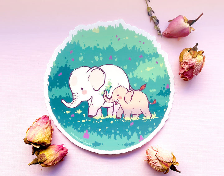 Mama and Baby Elephant on a Walk Clear Vinyl Sticker