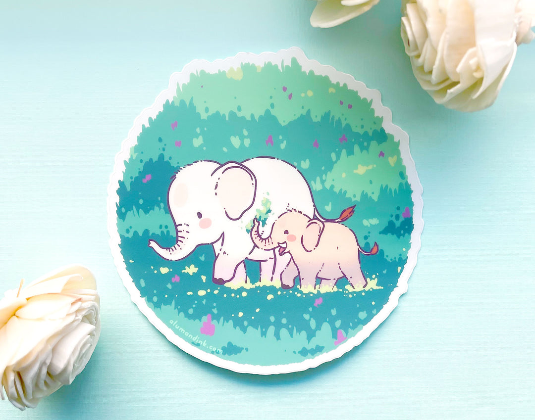Mama and Baby Elephant on a Walk Clear Vinyl Sticker
