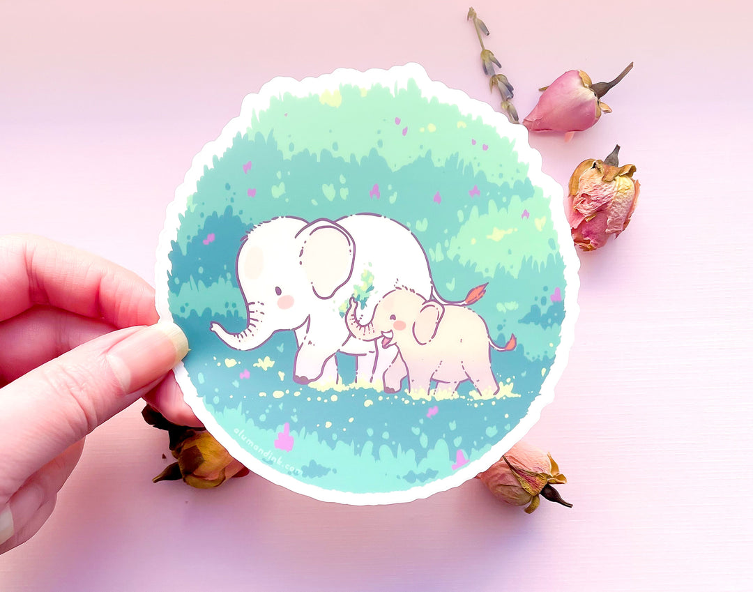 Mama and Baby Elephant on a Walk Clear Vinyl Sticker