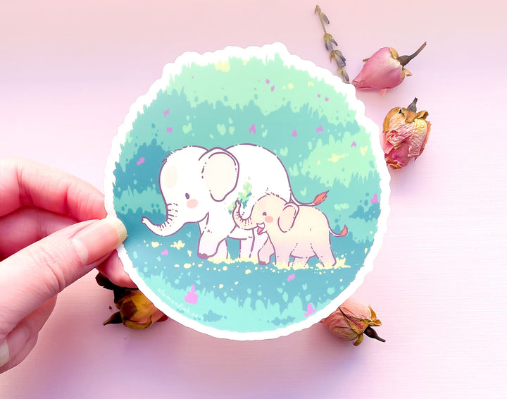 Mama and Baby Elephant on a Walk Clear Vinyl Sticker