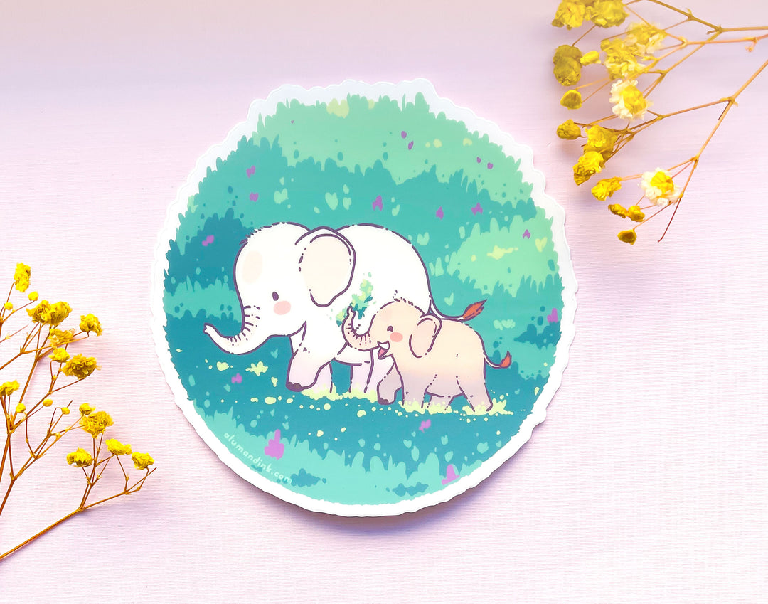 Mama and Baby Elephant on a Walk Clear Vinyl Sticker