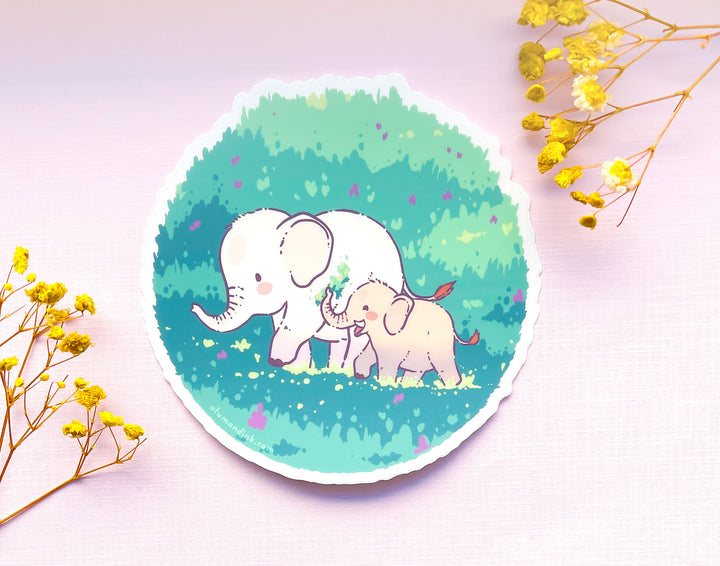 Mama and Baby Elephant on a Walk Clear Vinyl Sticker