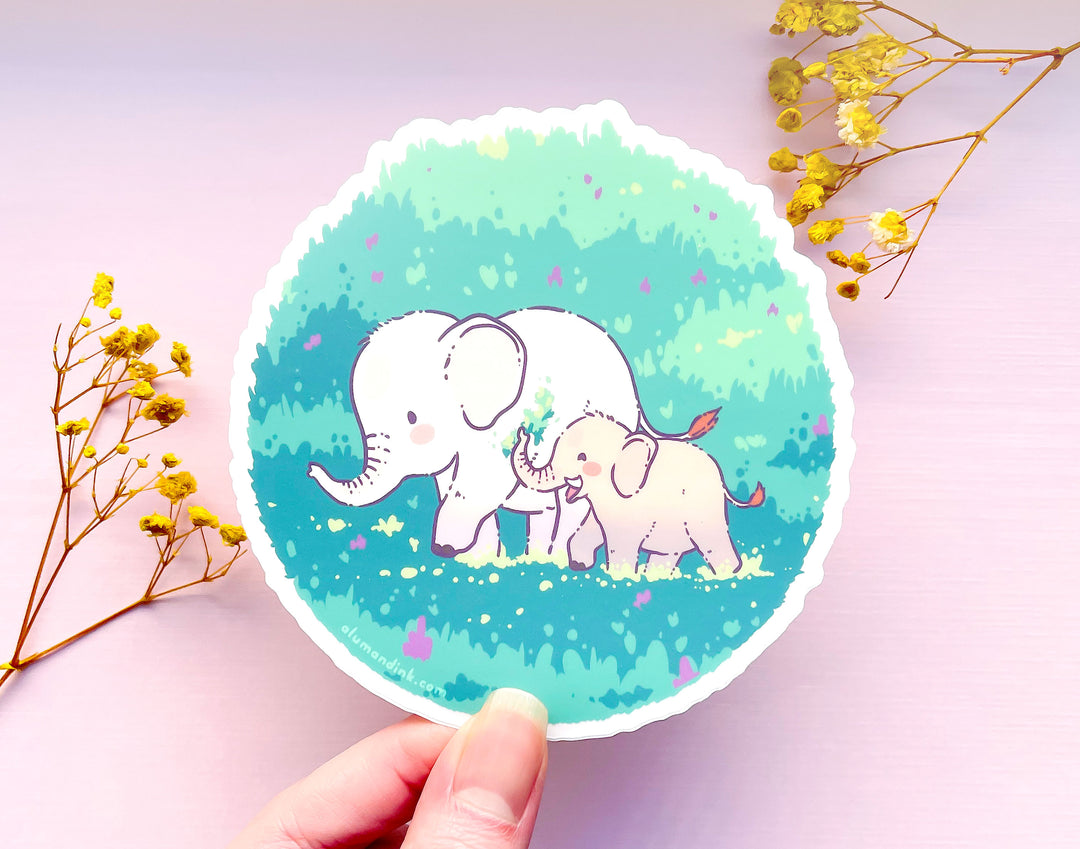 Mama and Baby Elephant on a Walk Clear Vinyl Sticker