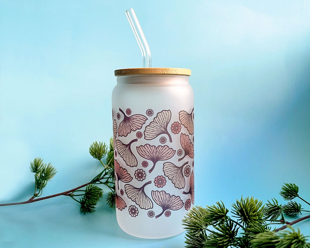 Autumn Ginkgo Leaves and Flowers Frosted Glass Tumbler
