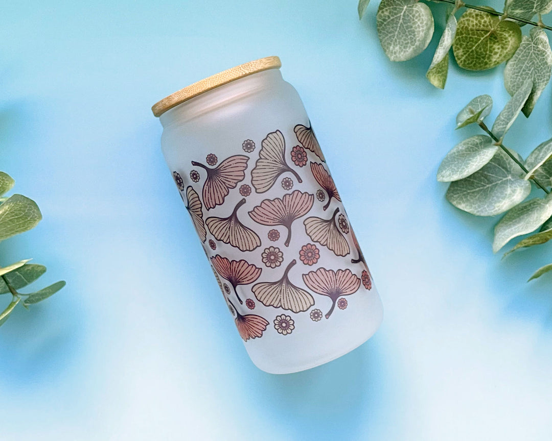 Autumn Ginkgo Leaves and Flowers Frosted Glass Tumbler (Seconds)