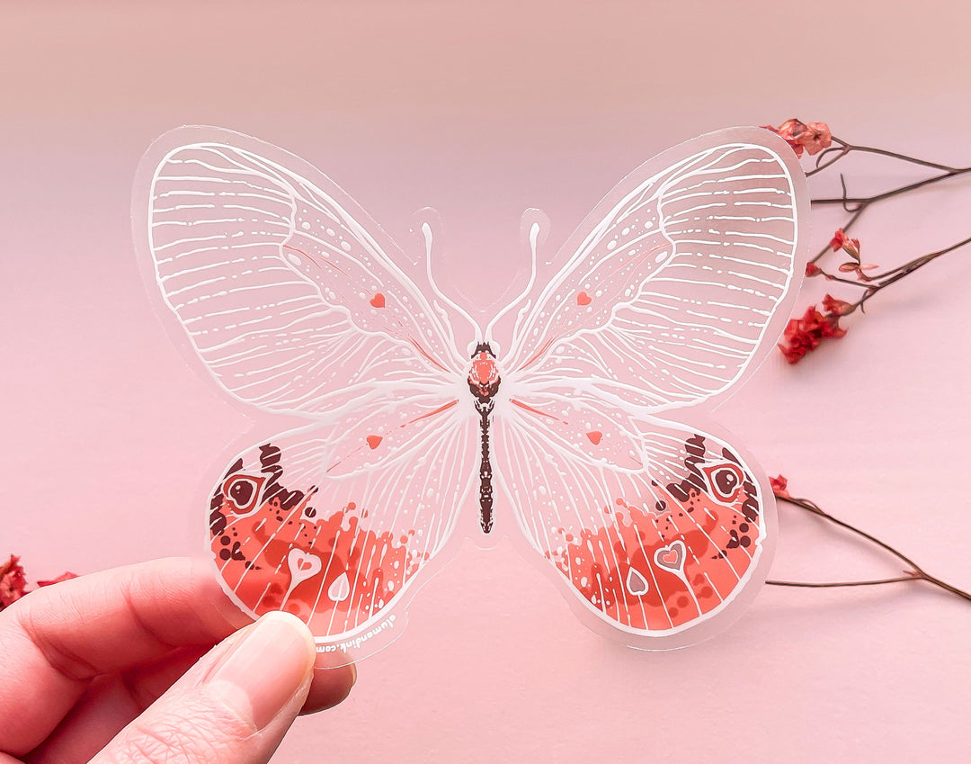 Transparent Pink Glasswing Butterfly Clear Vinyl Sticker