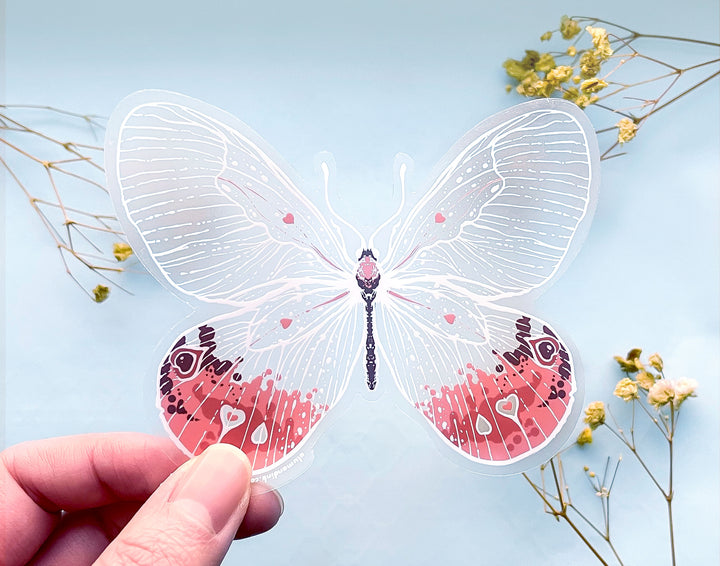 Transparent Pink Glasswing Butterfly Clear Vinyl Sticker