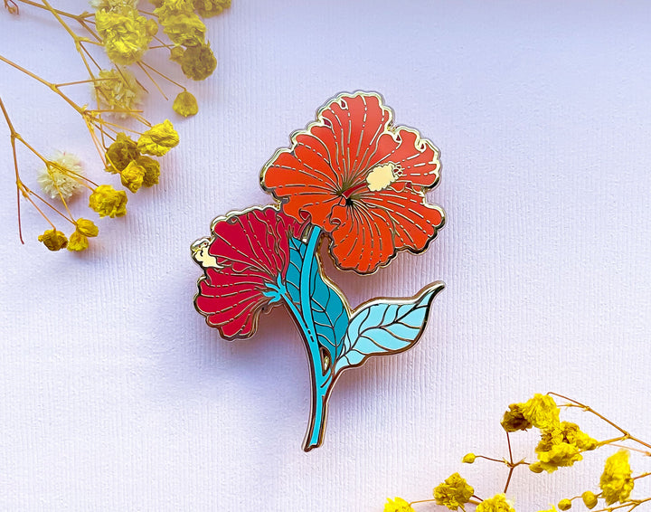 Red Hibiscus (Hibiscus × rosa-sinensis) Enamel Pin