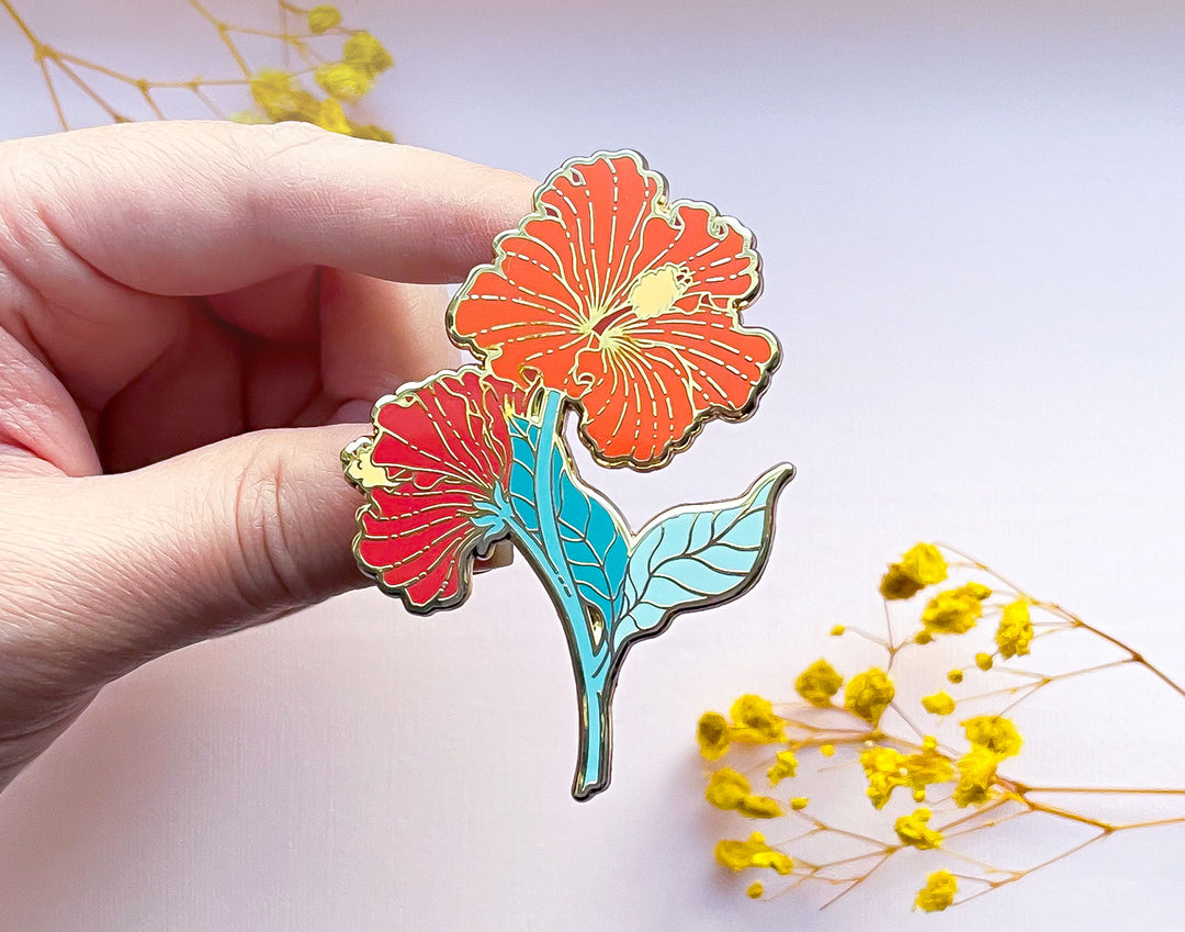 Red Hibiscus (Hibiscus × rosa-sinensis) Enamel Pin