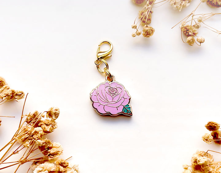 Pink Rose Enamel and Gold Metal Glasses Charm
