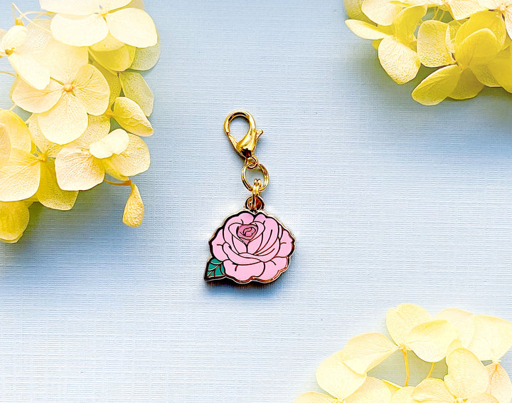 Pink Rose Enamel and Gold Metal Glasses Charm