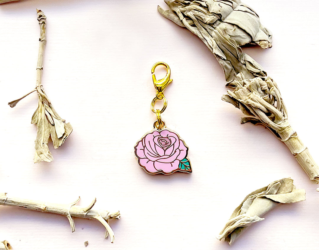 Pink Rose Enamel and Gold Metal Glasses Charm