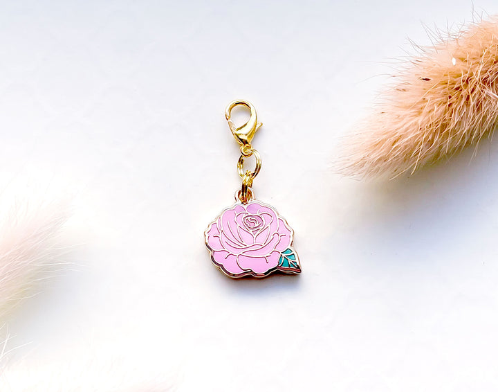 Pink Rose Enamel and Gold Metal Glasses Charm