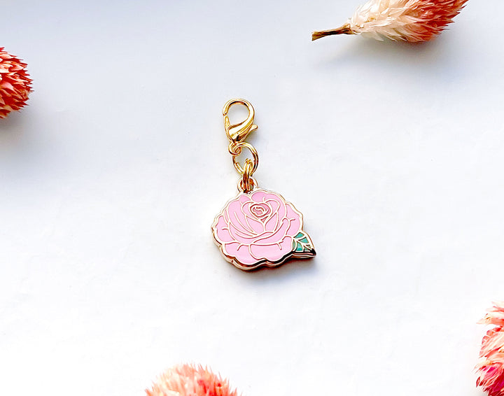 Pink Rose Enamel and Gold Metal Glasses Charm