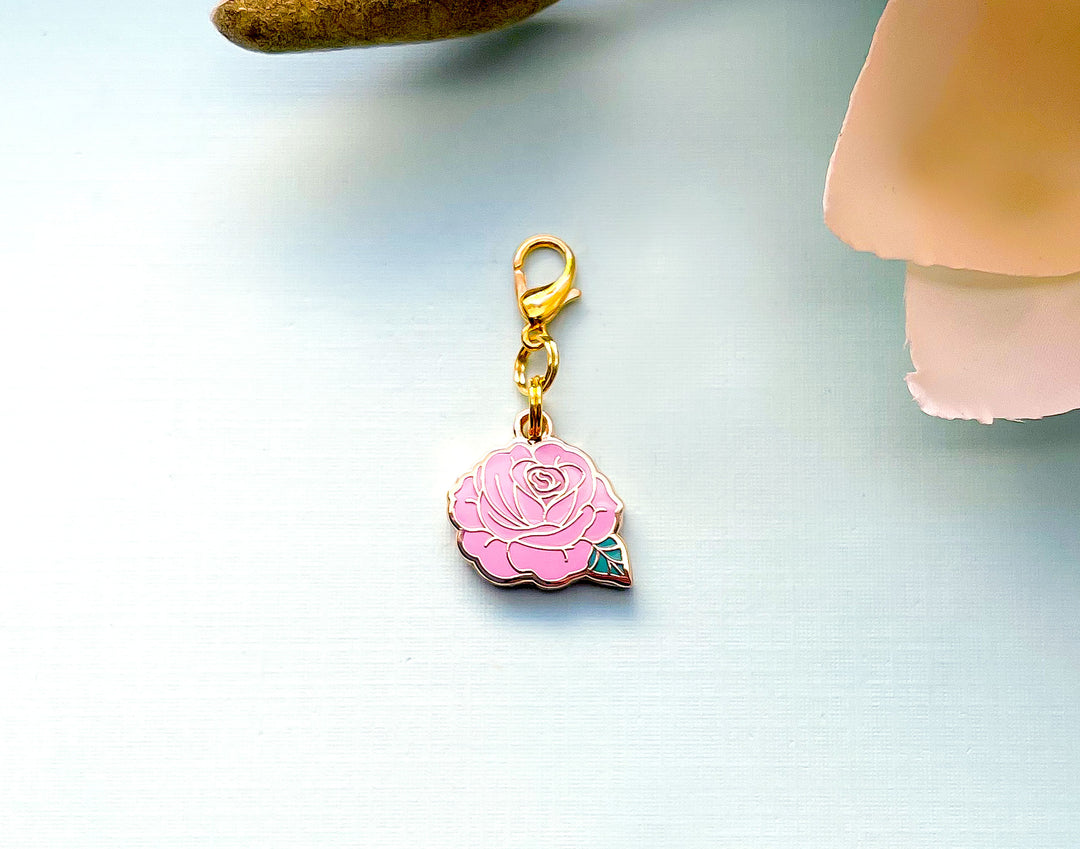 Pink Rose Enamel and Gold Metal Glasses Charm