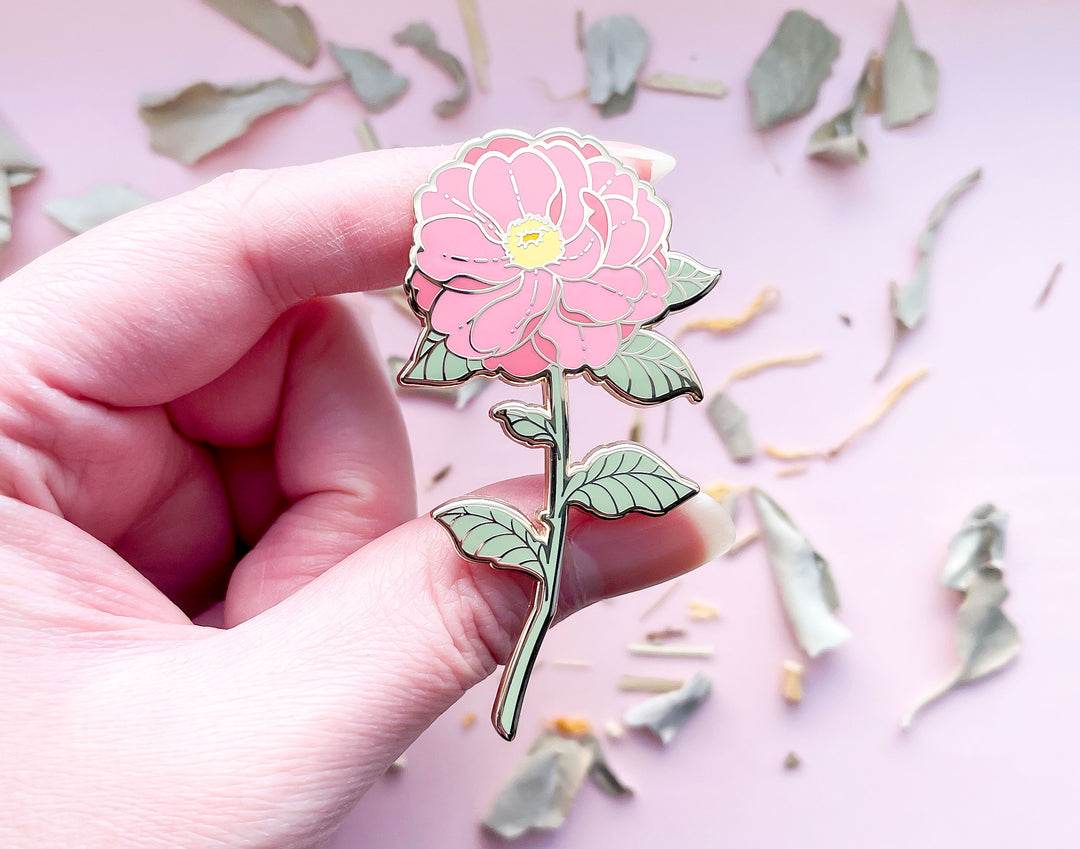 Red Pink Camellia (Camellia japonica) Enamel Pin