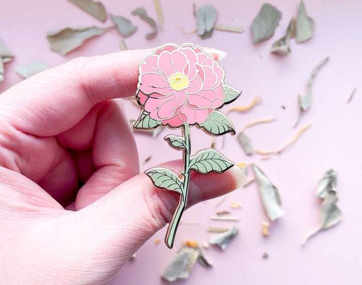 Red Pink Camellia (Camellia japonica) Enamel Pin