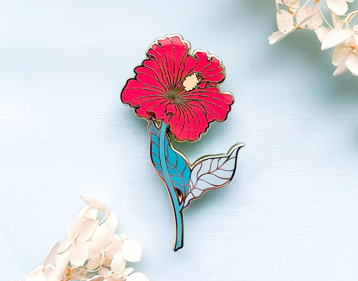 Red Hibiscus (Hibiscus × rosa-sinensis) Enamel Pin