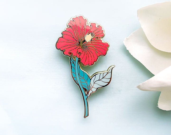 Red Hibiscus (Hibiscus × rosa-sinensis) Enamel Pin