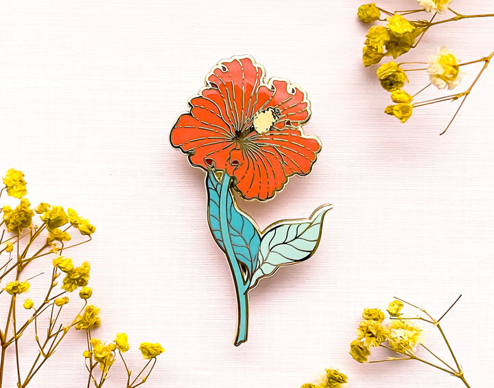 Red Hibiscus (Hibiscus × rosa-sinensis) Enamel Pin