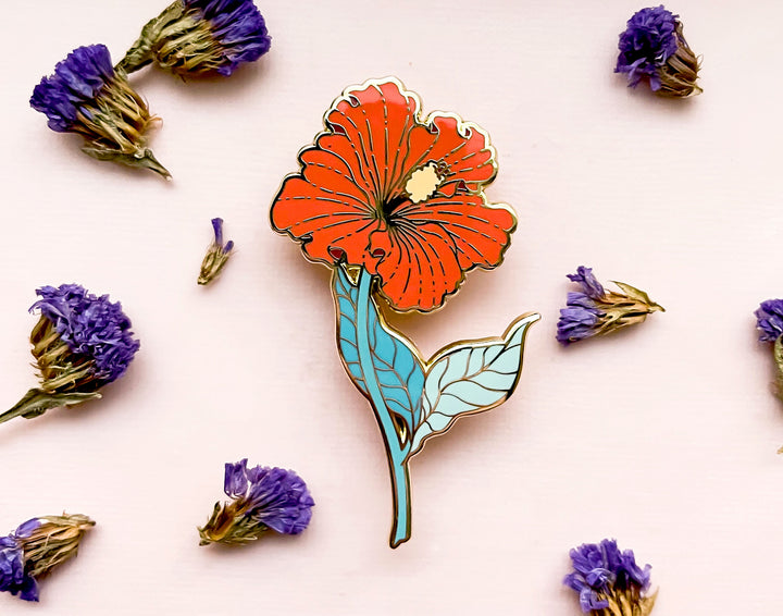 Red Hibiscus (Hibiscus × rosa-sinensis) Enamel Pin