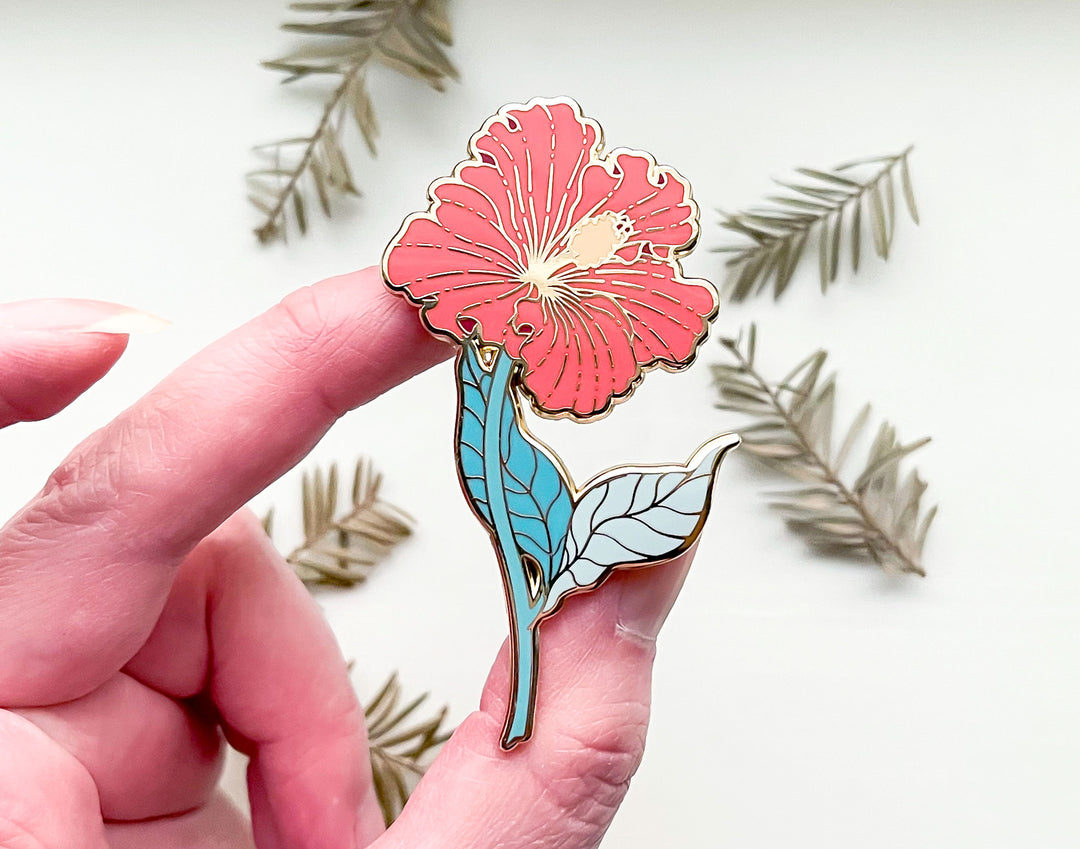 Red Hibiscus (Hibiscus × rosa-sinensis) Enamel Pin
