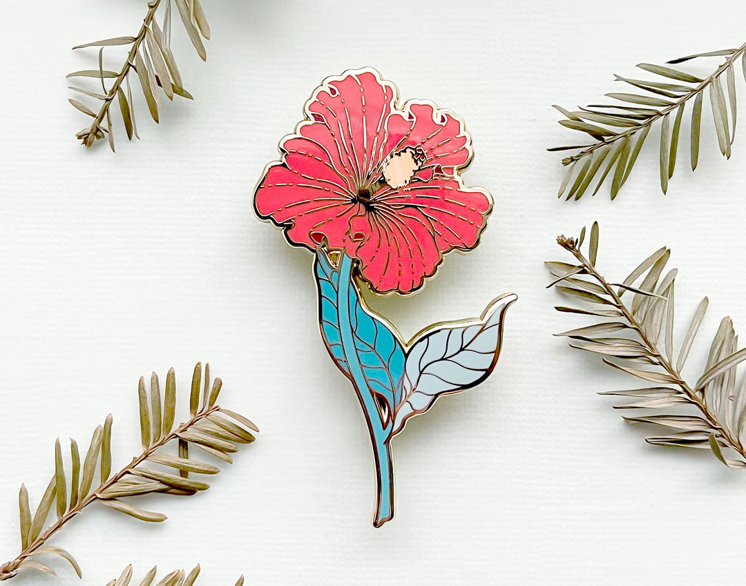 Red Hibiscus (Hibiscus × rosa-sinensis) Enamel Pin