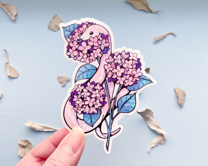 Snake and Pink Hydrangeas Clear Vinyl Sticker