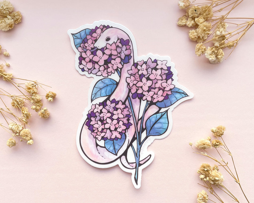 Snake and Pink Hydrangeas Clear Vinyl Sticker