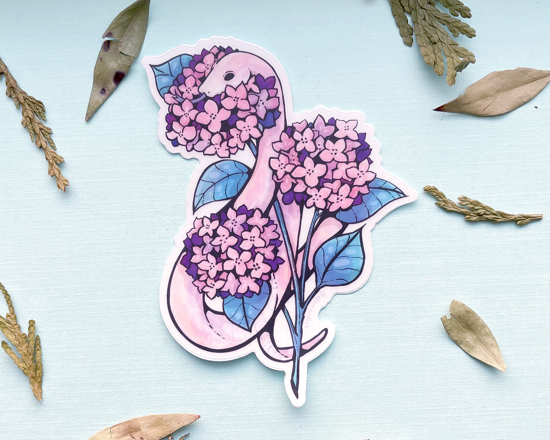 Snake and Pink Hydrangeas Clear Vinyl Sticker