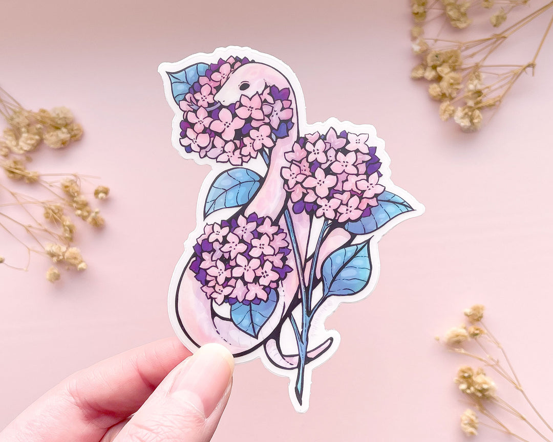 Snake and Pink Hydrangeas Clear Vinyl Sticker