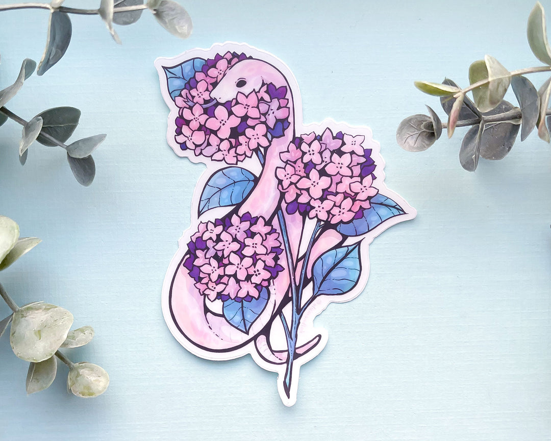 Snake and Pink Hydrangeas Clear Vinyl Sticker