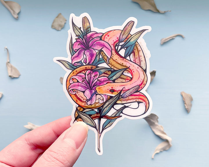 Snake and Stargazer Lilies Clear Vinyl Sticker