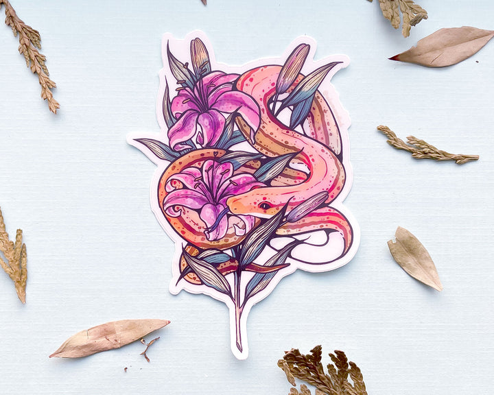 Snake and Stargazer Lilies Clear Vinyl Sticker