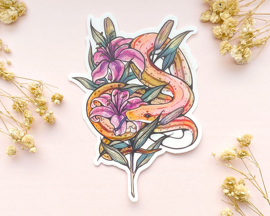 Snake and Stargazer Lilies Clear Vinyl Sticker