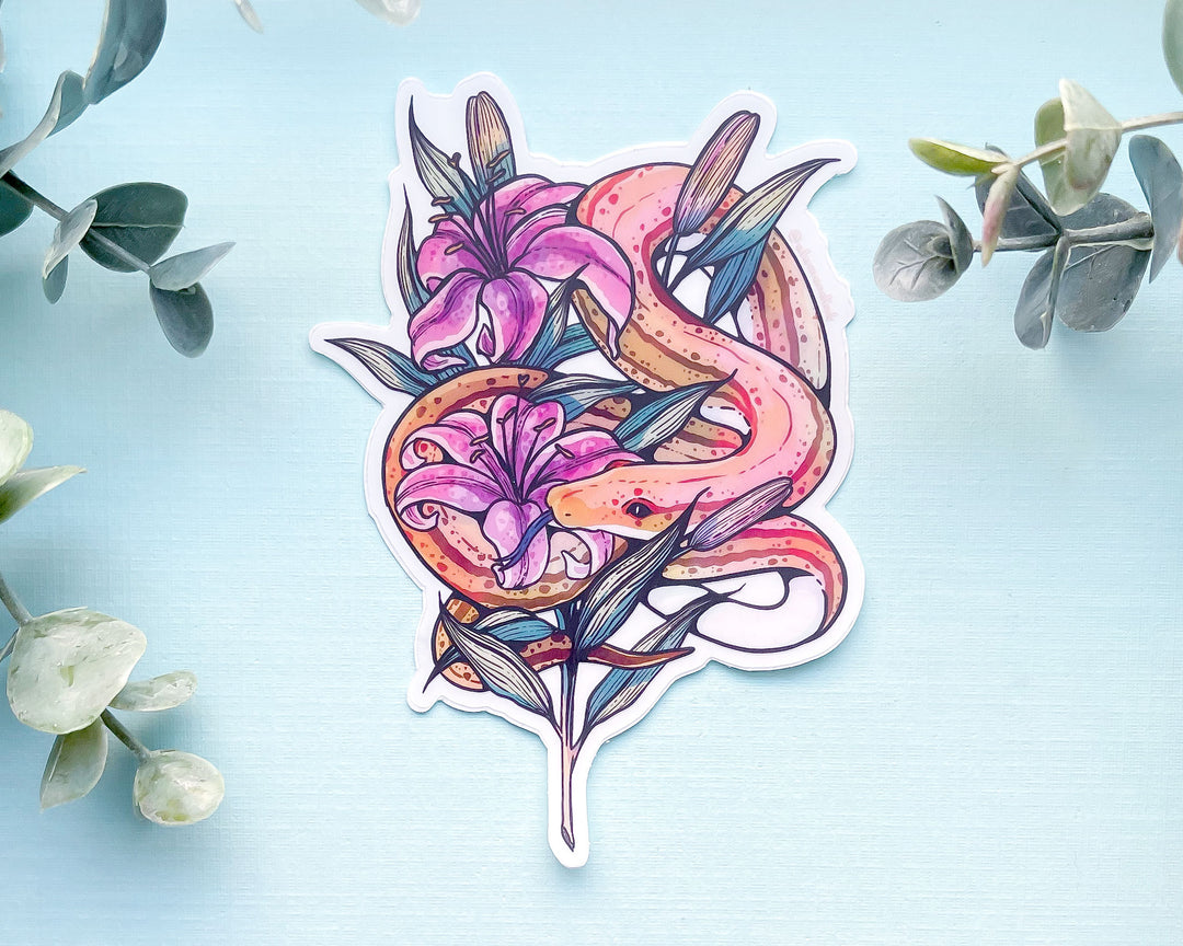 Snake and Stargazer Lilies Clear Vinyl Sticker