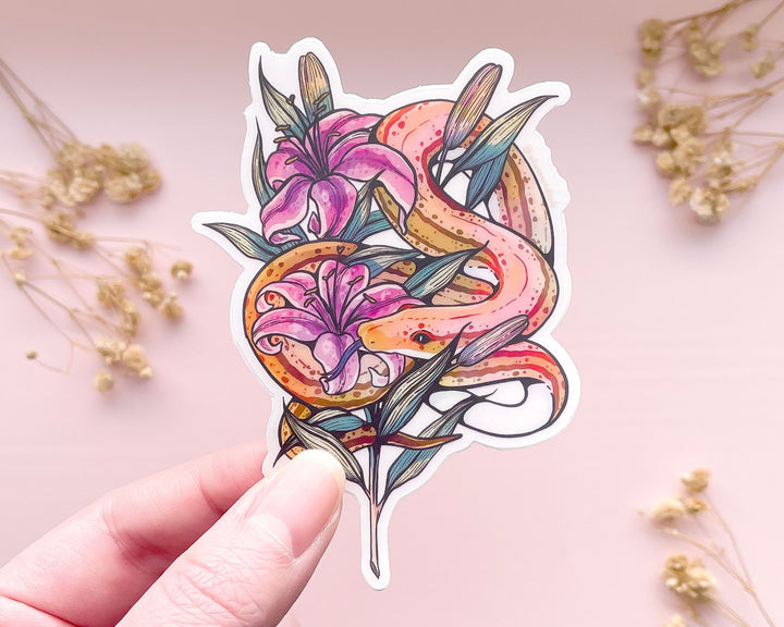 Snake and Stargazer Lilies Clear Vinyl Sticker