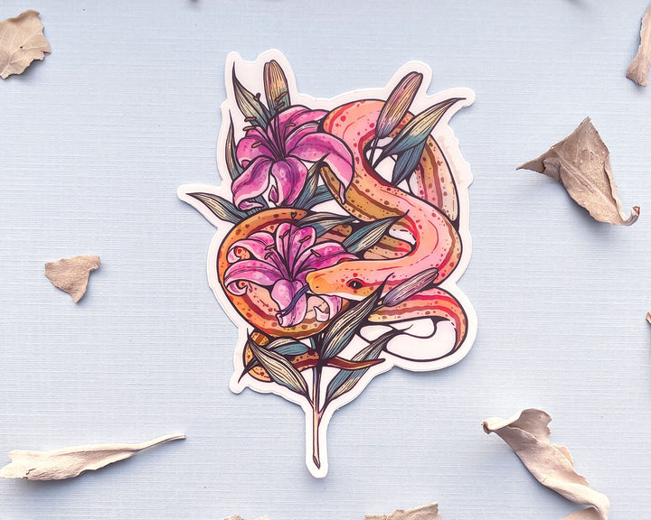 Snake and Stargazer Lilies Clear Vinyl Sticker