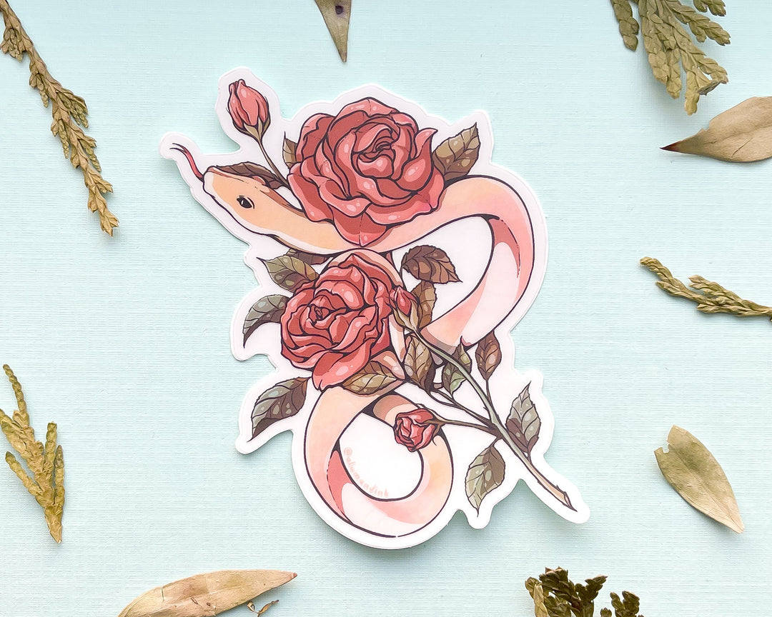 Snake and Red Roses Clear Vinyl Sticker