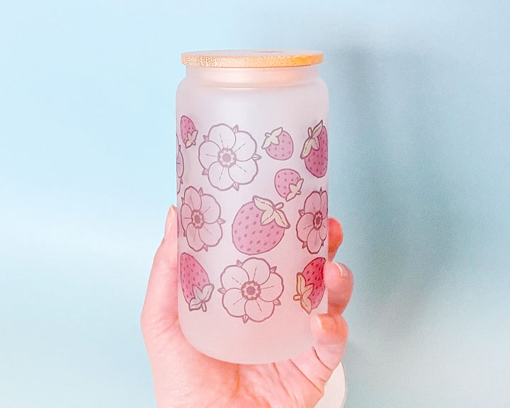 Strawberries and Flowers Frosted Glass Tumbler