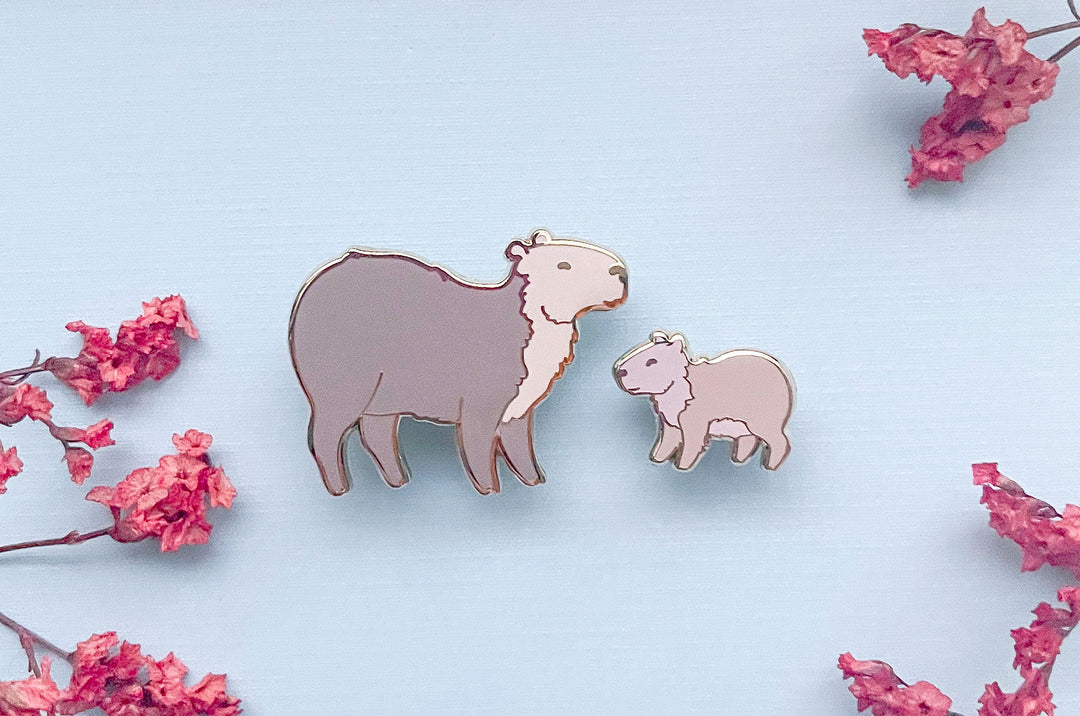 Capybara Mom and Pup Enamel Pin Set (Seconds)